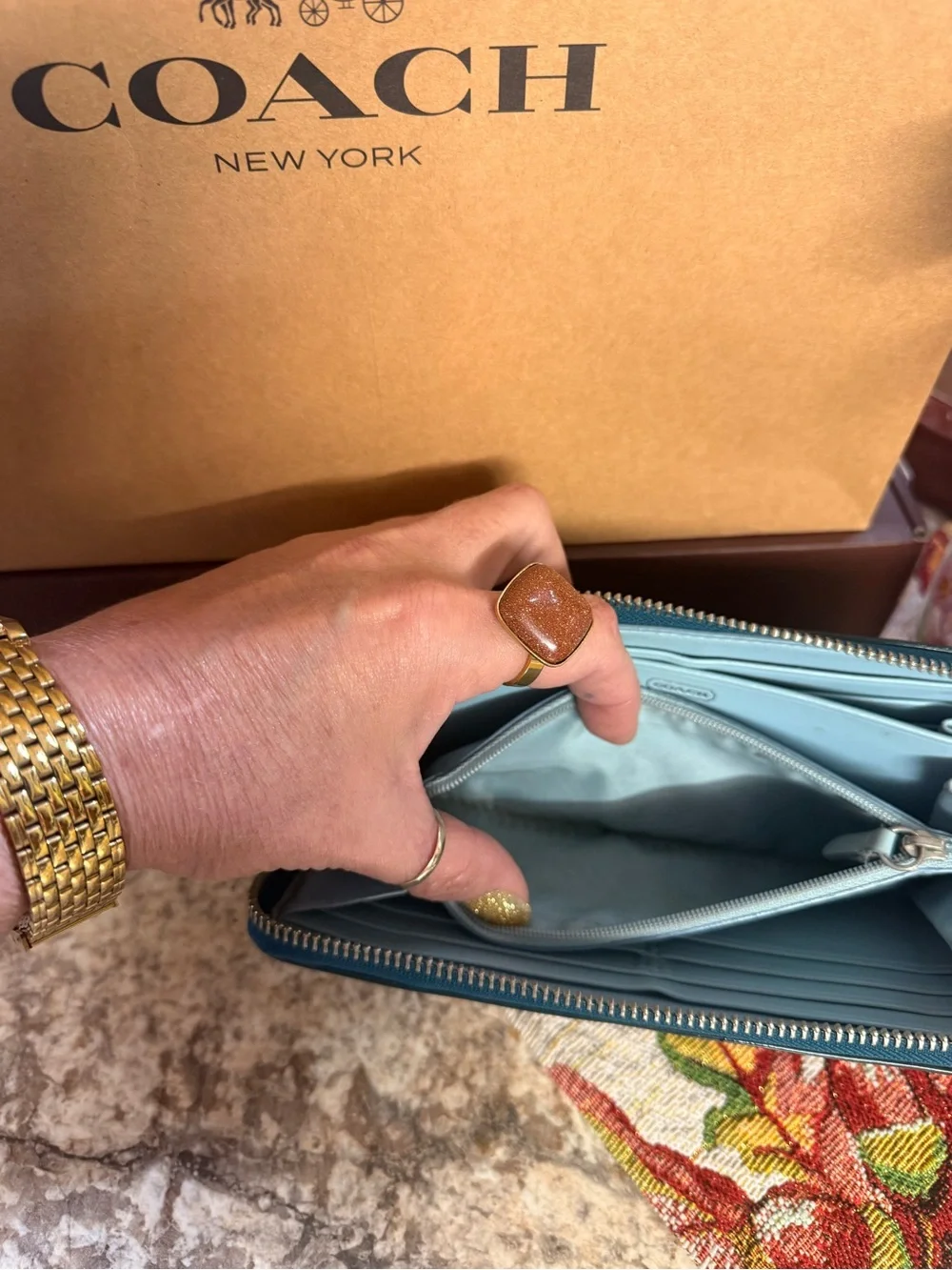 COACH Dark Green Signature Stitch Zip-Around Wallet